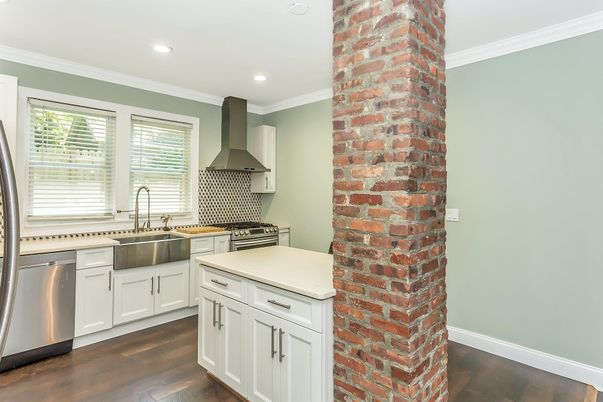 Interior, Kitchen, Recessed Lighting, Stainless Steel Appliances, Stone Walls, Wood Texture Flooring