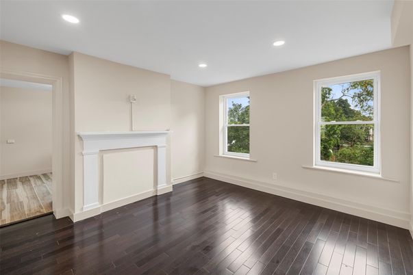 Empty room, Fireplace, Interior, Recessed Lighting, Wood Texture Flooring