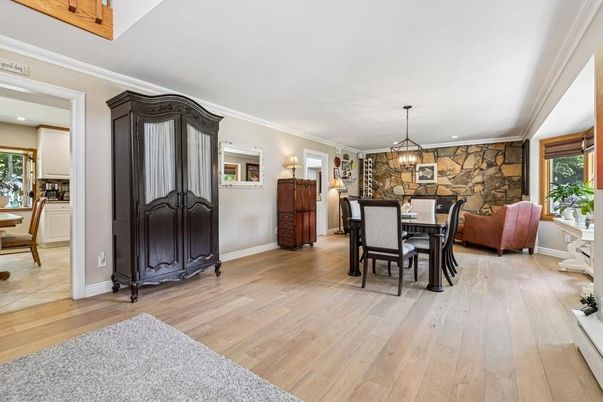 Chandelier, Dining room, Interior, Recessed Lighting, Stone Walls, Wood Texture Flooring