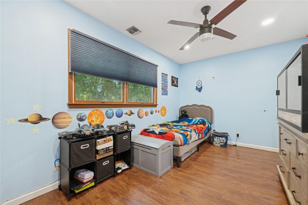Bedroom, Interior, Recessed Lighting, Wood Texture Flooring
