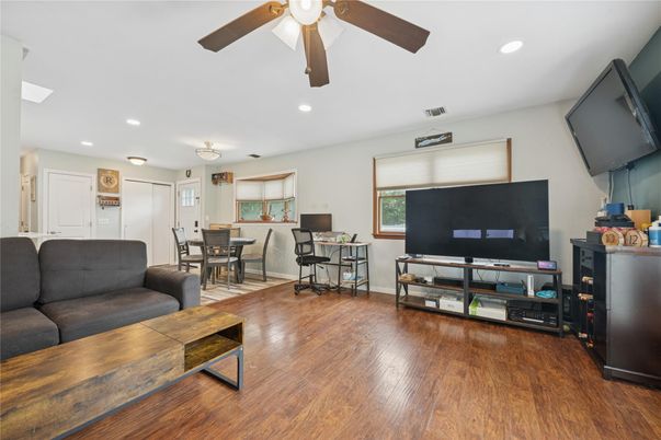 Dining room, Interior, Living room, Recessed Lighting, Wood Texture Flooring