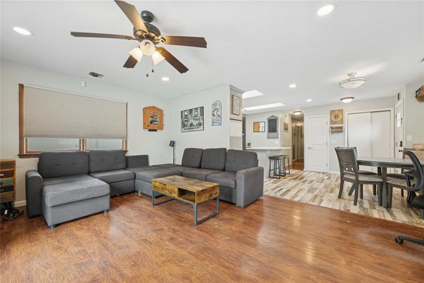 Dining room, Interior, Living room, Recessed Lighting, Wood Texture Flooring