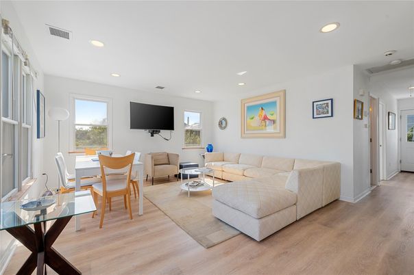 Dining room, Interior, Living room, Recessed Lighting, Wood Texture Flooring