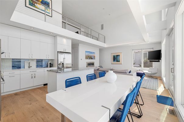 Dining room, Interior, Kitchen, Living room, Recessed Lighting, Stainless Steel Appliances, Wood Texture Flooring