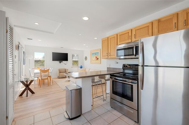 Dining room, Interior, Kitchen, Recessed Lighting, Stainless Steel Appliances, Wood Texture Flooring