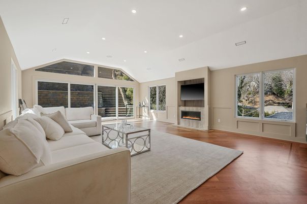 Fireplace, Interior, Living room, Recessed Lighting, Wood Texture Flooring