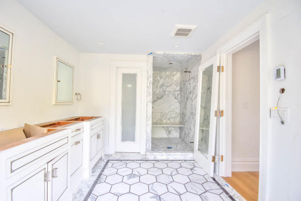 Bathroom, Glass Shower, Interior, Marble, Marble Walls, Recessed Lighting