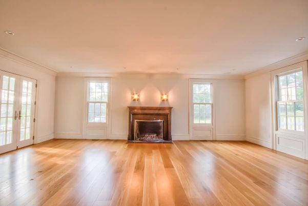 Empty room, Fireplace, Interior, Recessed Lighting, Wood Texture Flooring