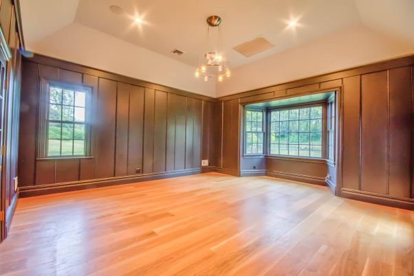 Empty room, Interior, Pendant Lights, Recessed Lighting, Wood Texture Flooring, Wooden Walls