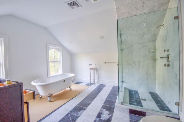 Bathroom, Free Standing Baths, Glass Shower, Interior, Marble, Marble Walls