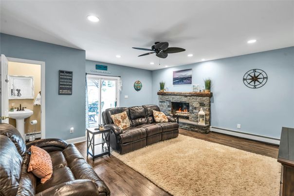 Fireplace, Interior, Living room, Recessed Lighting, Wood Texture Flooring