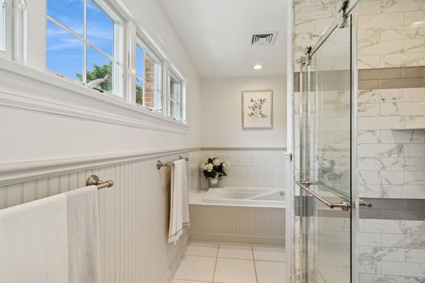 Bathroom, Glass Shower, Interior, Marble Walls, Recessed Lighting