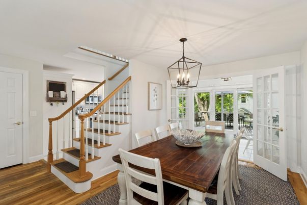 Dining room, Interior, Pendant Lights, Wood Texture Flooring