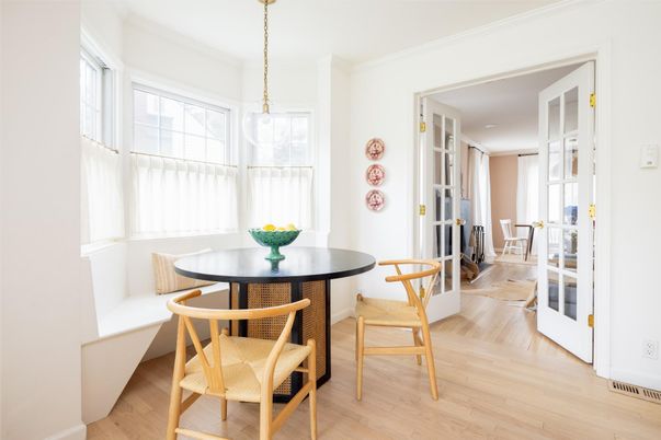Dining room, Interior, Pendant Lights, Wood Texture Flooring
