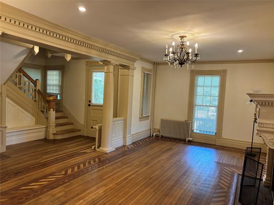 Chandelier, Empty room, Interior, Recessed Lighting, Wood Texture Flooring