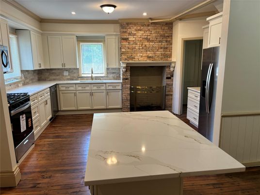 Interior, Kitchen, Recessed Lighting, Stone Walls, Wood Texture Flooring