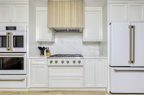Interior, Kitchen, Marble Walls, Stainless Steel Appliances, Wood Texture Flooring
