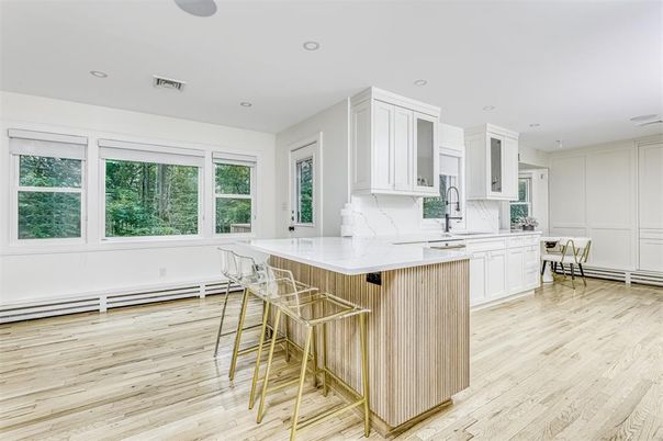 Interior, Kitchen, Marble Walls, Recessed Lighting, Wood Texture Flooring