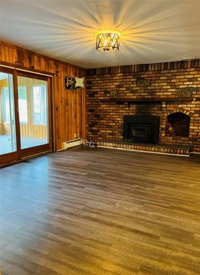 Empty room, Fireplace, Interior, Stone Walls, Wood Texture Flooring, Wooden Walls