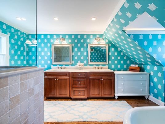 Bathroom, Dual Sink Vanities, Interior, Pendant Lights, Recessed Lighting, Wood Texture Flooring