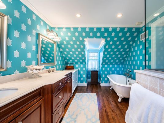 Bathroom, Dual Sink Vanities, Free Standing Baths, Interior, Recessed Lighting, Wood Texture Flooring