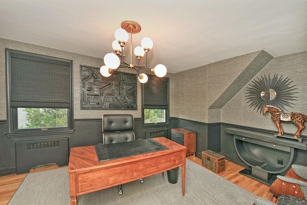 Chandelier, Fireplace, Home Office, Interior, Wood Texture Flooring