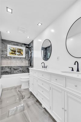 Bathroom, Dual Sink Vanities, Interior, Marble, Recessed Lighting