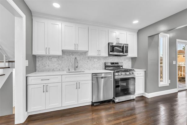 Interior, Kitchen, Recessed Lighting, Stainless Steel Appliances, Wood Texture Flooring