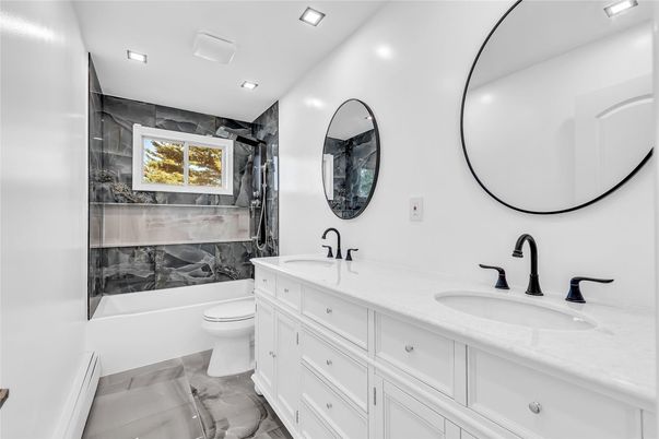 Bathroom, Dual Sink Vanities, Interior, Marble, Recessed Lighting