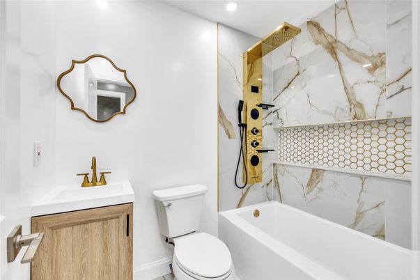 Bathroom, Interior, Marble Walls, Recessed Lighting