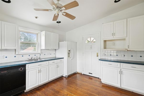 Interior, Kitchen, Tile Countertops, Wood Texture Flooring