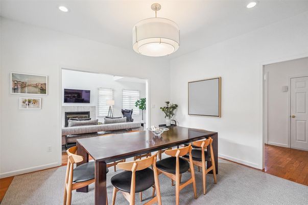 Dining room, Fireplace, Interior, Recessed Lighting, Wood Texture Flooring
