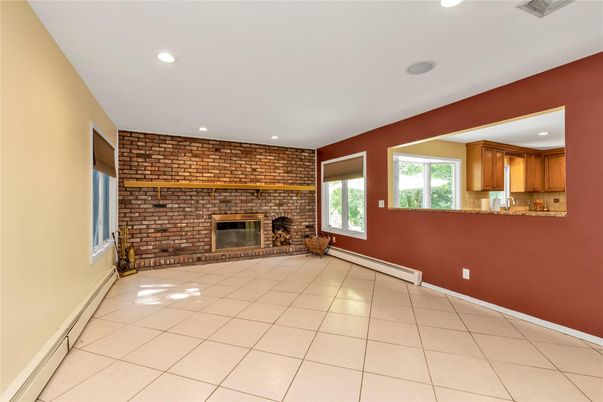 Empty room, Fireplace, Interior, Recessed Lighting, Stone Walls