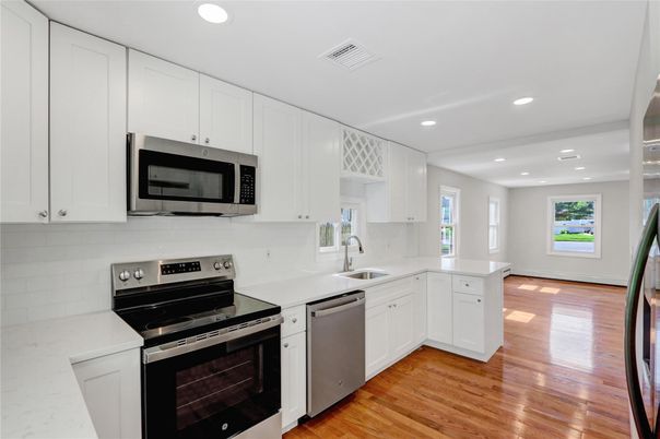 Interior, Kitchen, Recessed Lighting, Stainless Steel Appliances, Wood Texture Flooring