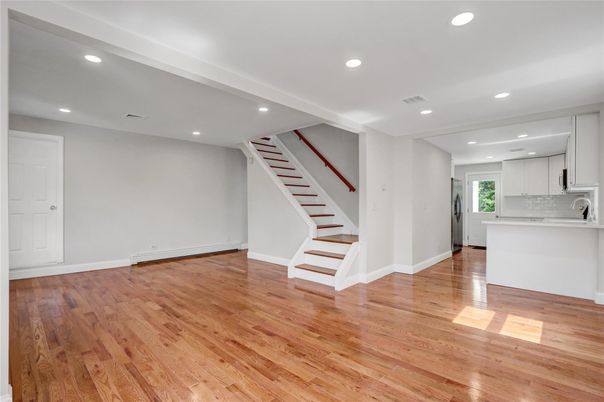 Empty room, Interior, Kitchen, Recessed Lighting, Wood Texture Flooring