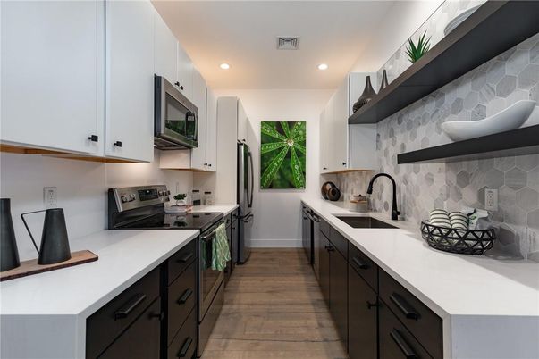 Interior, Kitchen, Recessed Lighting, Wood Texture Flooring