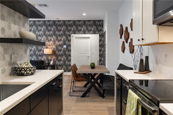 Dining room, Interior, Kitchen, Recessed Lighting, Wood Texture Flooring