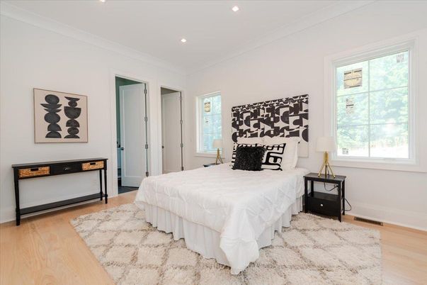 Bedroom, Interior, Recessed Lighting, Wood Texture Flooring