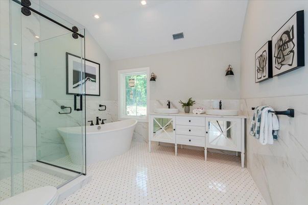 Bathroom, Dual Sink Vanities, Free Standing Baths, Glass Shower, Interior, Marble Walls, Recessed Lighting