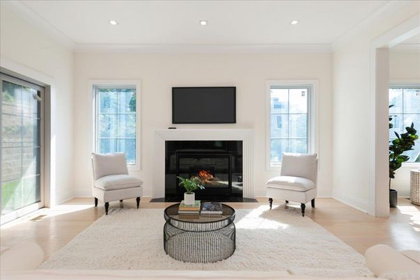 Fireplace, Interior, Living room, Recessed Lighting, Wood Texture Flooring