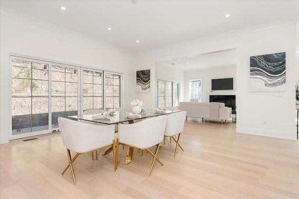 Dining room, Fireplace, Interior, Living room, Recessed Lighting, Wood Texture Flooring