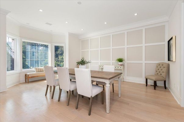 Dining room, Interior, Recessed Lighting, Wood Texture Flooring