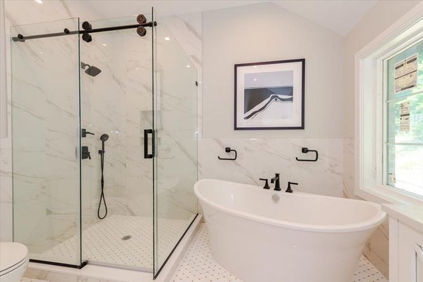 Bathroom, Free Standing Baths, Glass Shower, Interior, Marble Walls, Recessed Lighting