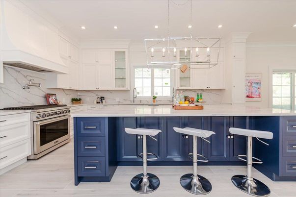 Interior, Kitchen, Marble Walls, Pendant Lights, Recessed Lighting, Stainless Steel Appliances, Wood Texture Flooring