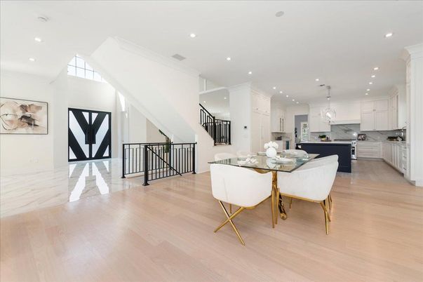 Dining room, Interior, Kitchen, Marble, Pendant Lights, Recessed Lighting, Wood Texture Flooring