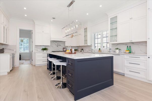 Interior, Kitchen, Marble Walls, Pendant Lights, Recessed Lighting, Wood Texture Flooring