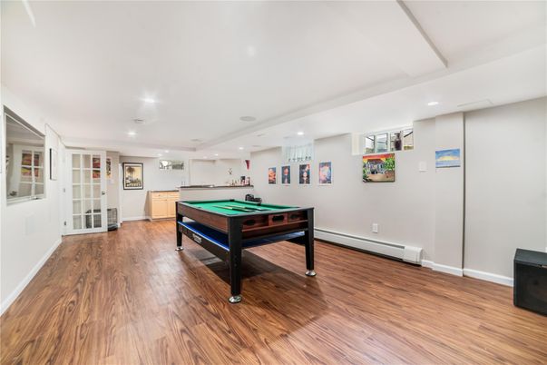 Billiard Table, Game Room, Interior, Recessed Lighting, Wood Texture Flooring