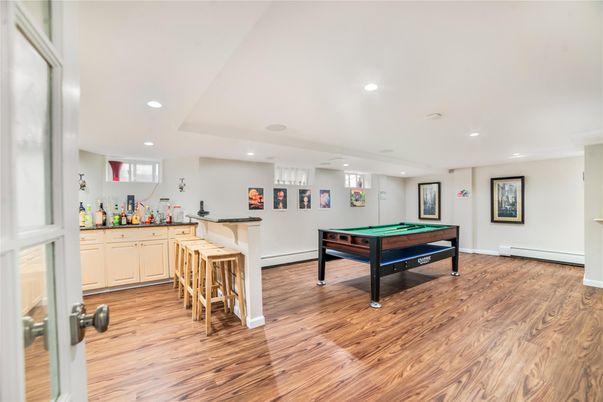 Billiard Table, Game Room, Interior, Recessed Lighting, Wood Texture Flooring