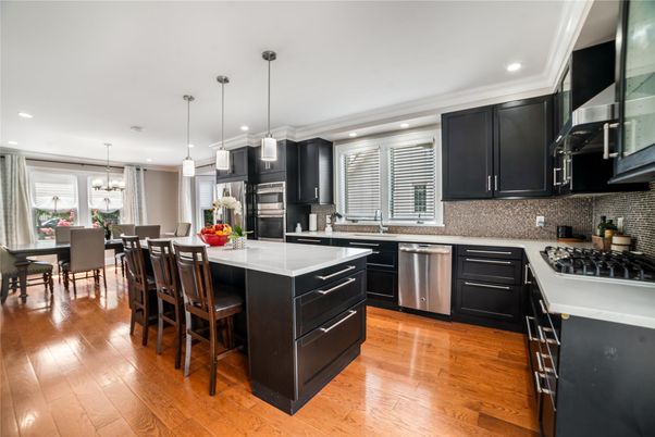Dining room, Interior, Kitchen, Pendant Lights, Recessed Lighting, Stainless Steel Appliances, Wood Texture Flooring