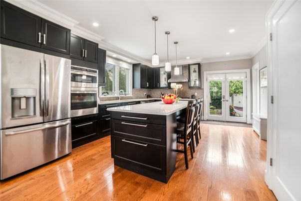 Interior, Kitchen, Pendant Lights, Recessed Lighting, Stainless Steel Appliances, Wood Texture Flooring